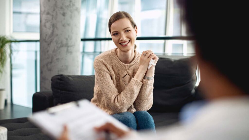Woman speaking with her therapist during a session of DBT in Nashville.