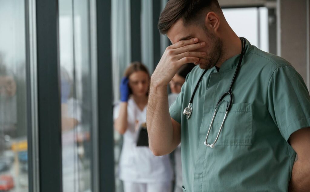 Nurse looking overwhelmed in a healthcare setting.