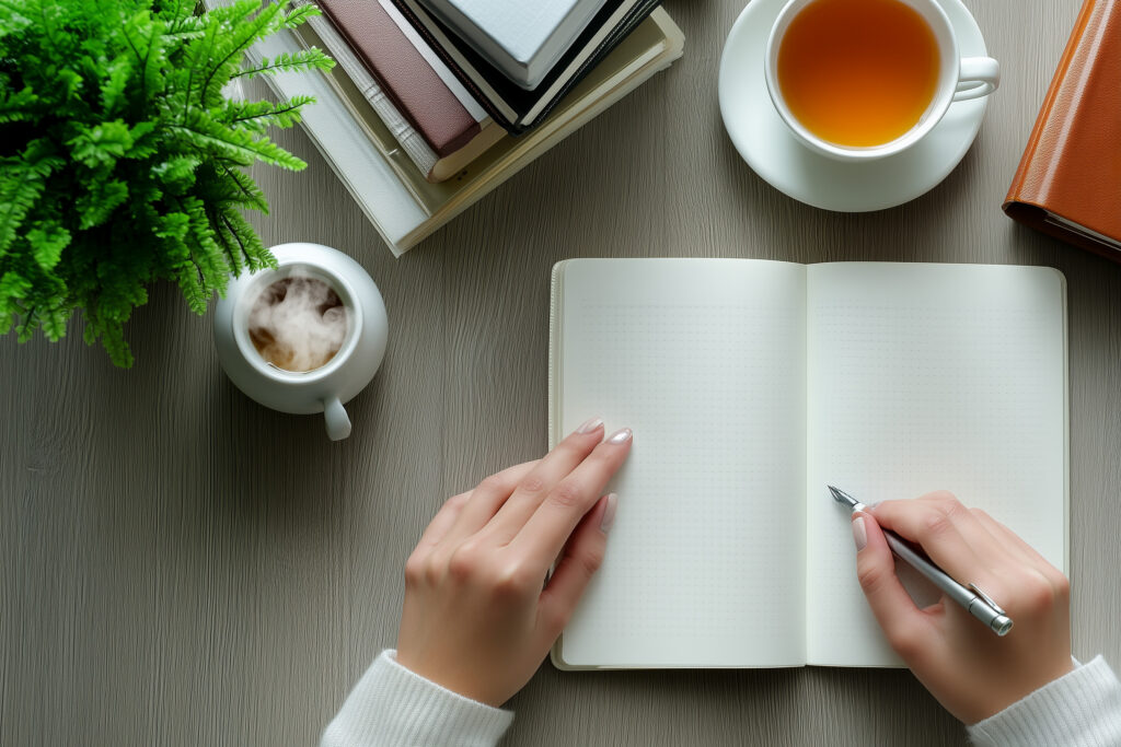 Person journaling as part of coping skills for major depressive disorder in a calm setting.