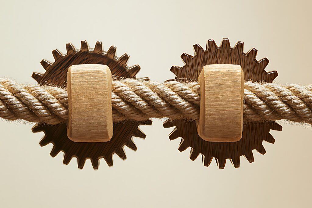 Interlocking gears connected by a rope illustrate how addiction and PTSD can become tightly linked and reinforce one another.